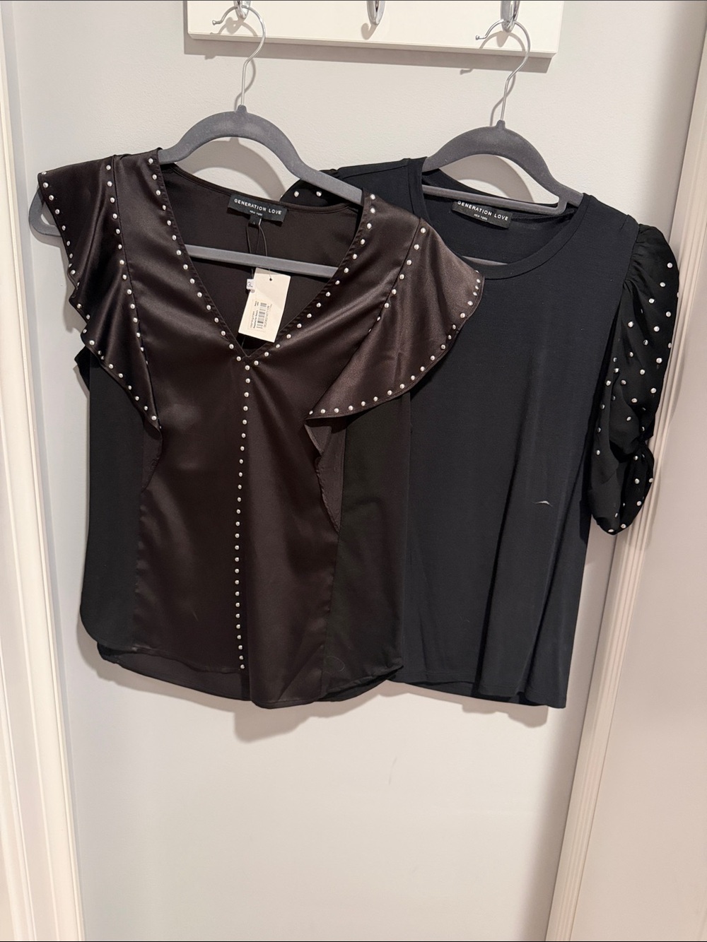 Generation Love Black Studded Satin V-Neck & Knit Puff Sleeve Tops